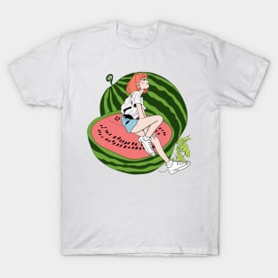 A Little Girl Sitting on Giant Colorful Fruits T-Shirt